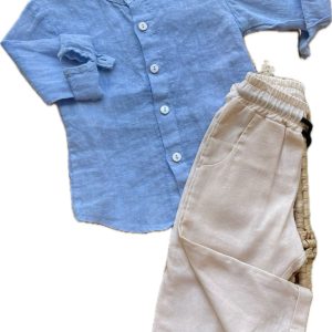 Set lino in azzurro e beige